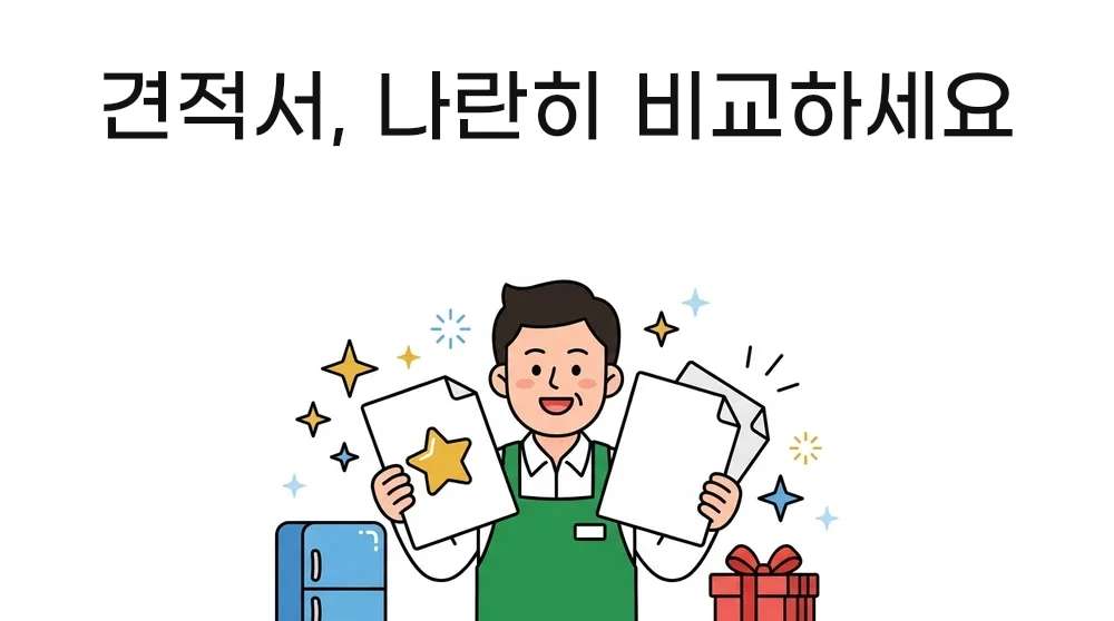 견적서 나란히 비교하고 계약하세요 — 견적서 세 장을 들고 기뻐하는 사장님